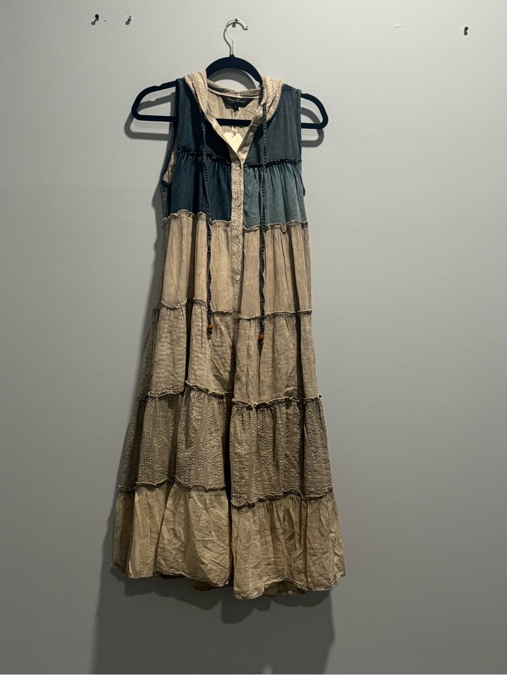 Young Threads Sleeveless Tiered Maxi Dress with Hood in Beige and Slate Blue